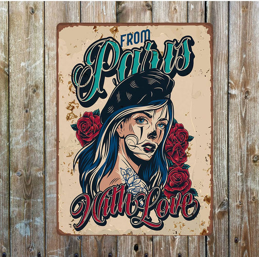 From Paris with love tattoo girl pin up | Metal Sign Plaque