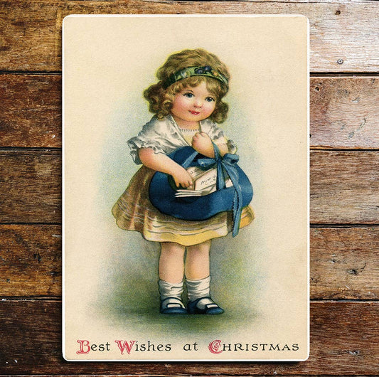 Vintage Little Girl Christmas Wishes | Metal Sign Plaque