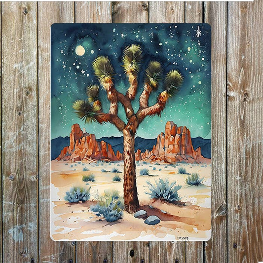 Watercolor Night Desert Cowboy Western | Metal Sign Plaque