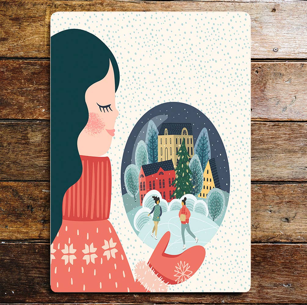 Girl With Snow Globe Winter Ice Skating | Metal Wall Sign