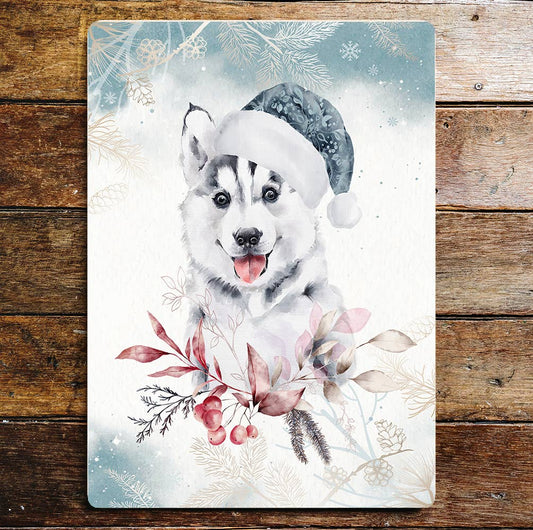 Husky Christmas Hat wall paper Art | Metal Sign Plaque