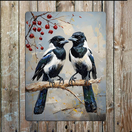 Two Magpies Perched Branch Painting | Metal Sign Plaque