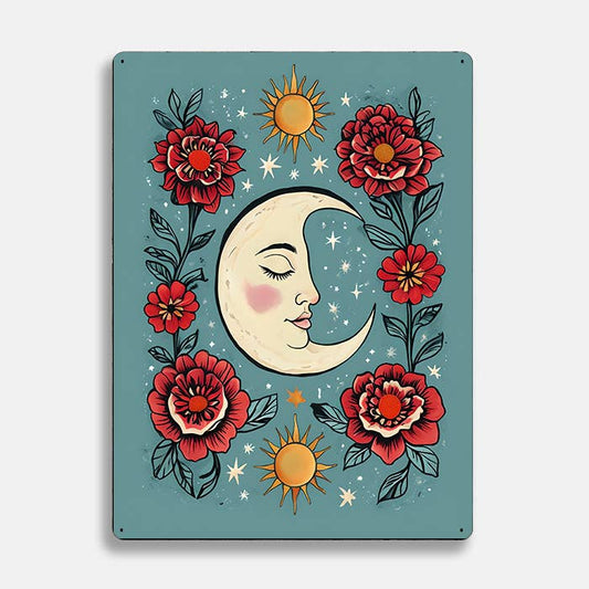 Crescent Moon Flowers scandinavian folk | Metal Sign Plaque
