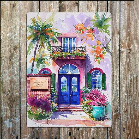 Vibrant Tropical Hotel | Watercolour | Metal Sign Plaque