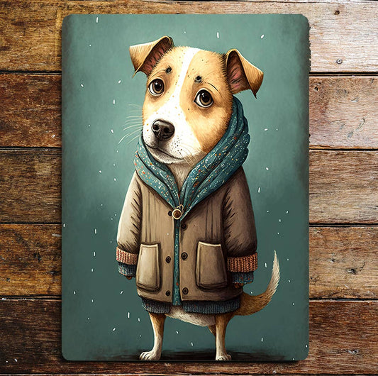 Cute Dog Portrait Jacket Scarf Funny Green | Metal Sign Plaque