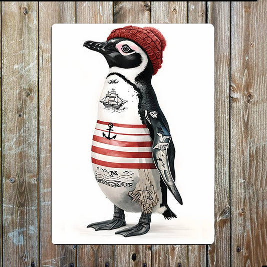 Penguin Sailor clothes hat sea Nautical Metal Sign Plaque