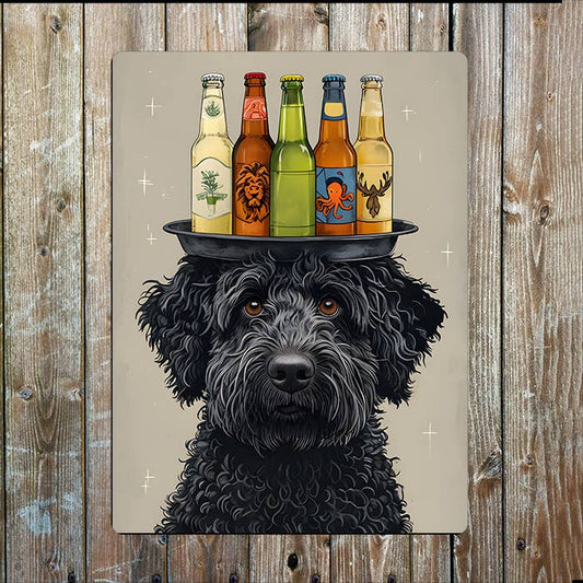 Black Fluffy Dog Balancing Beers On Head | Metal Sign Plaque