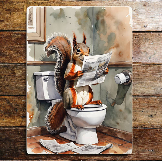 Newspaper Squirrel On the Toilet Bathroom | Metal Sign