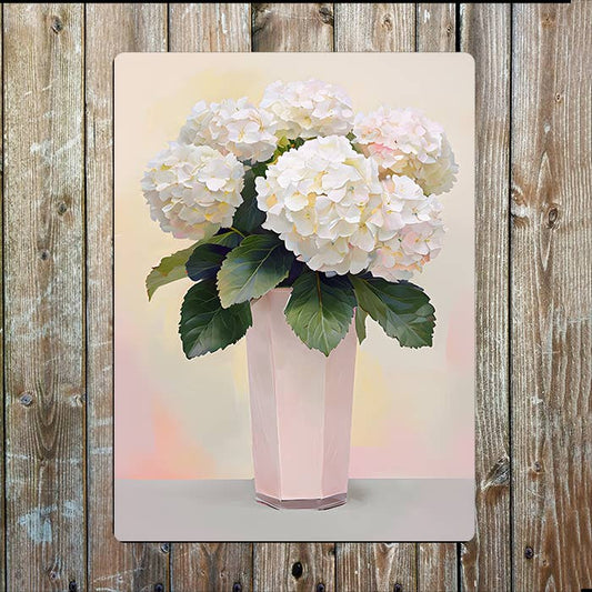 White Hydrangeas Pale Pink Vase | Metal Sign Plaque