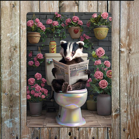 Badger Reading Newspaper Toilet Bathroom | Metal Sign Plaque