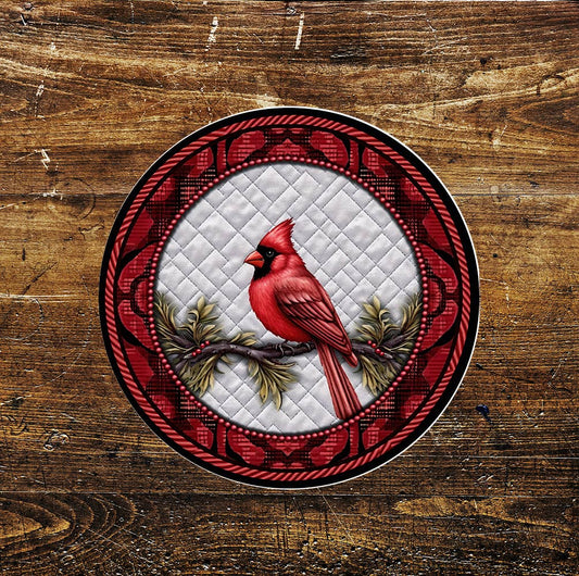 Christmas Red Cardinal Bird Decoration Circle Metal Sign