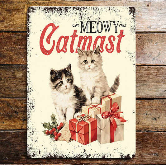 Meowy Christmas Kitten Cat | Metal Sign Plaque