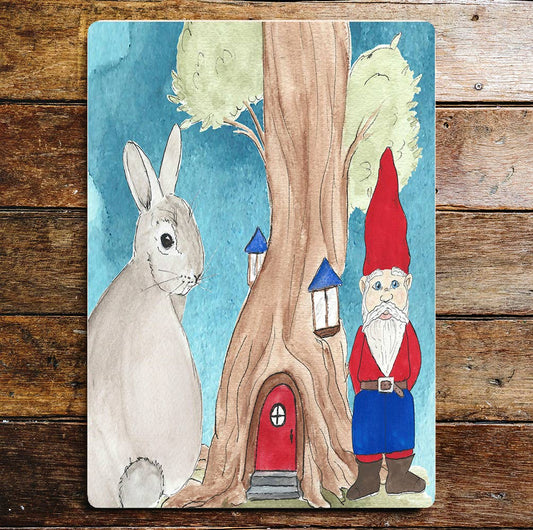 Rabbit Gnome Hobbit Tree House Metal Wall Sign Plaque