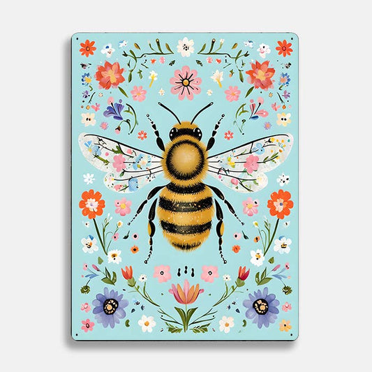 Illustration Flowers Bee scandinavian folk | Metal Sign Plaque