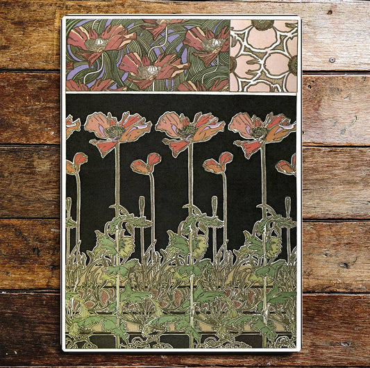 Art Deco Art Nouveau Flowers Black Red | Metal Sign Plaque