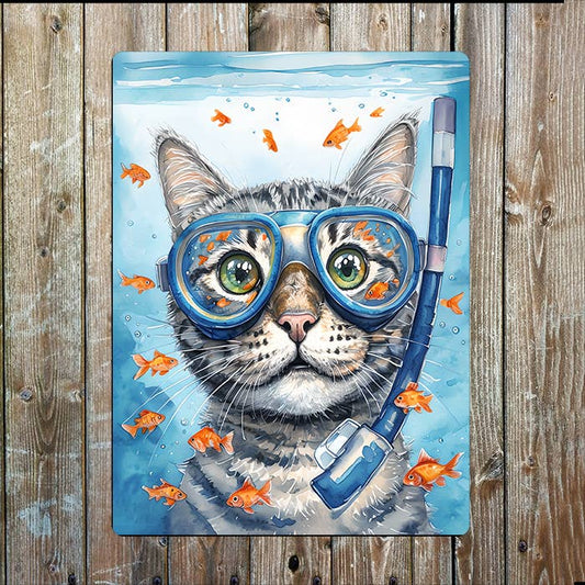 Cat With Diving Goggles Sea Nautical | Metal Sign Plaque