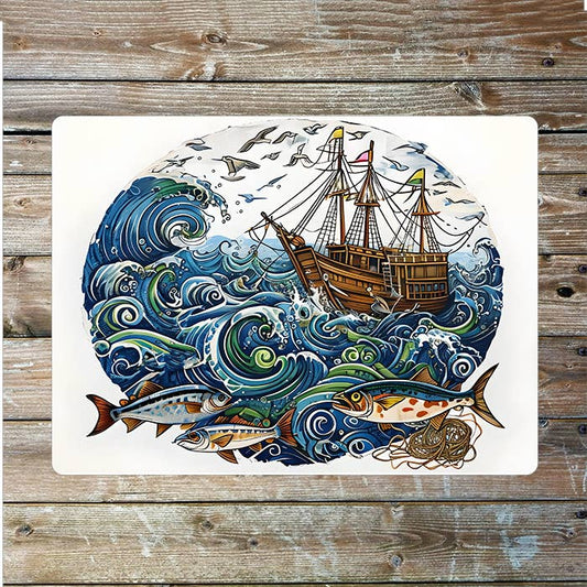 Rough Sea Ship Fish Nautical Metal Sign Plaque