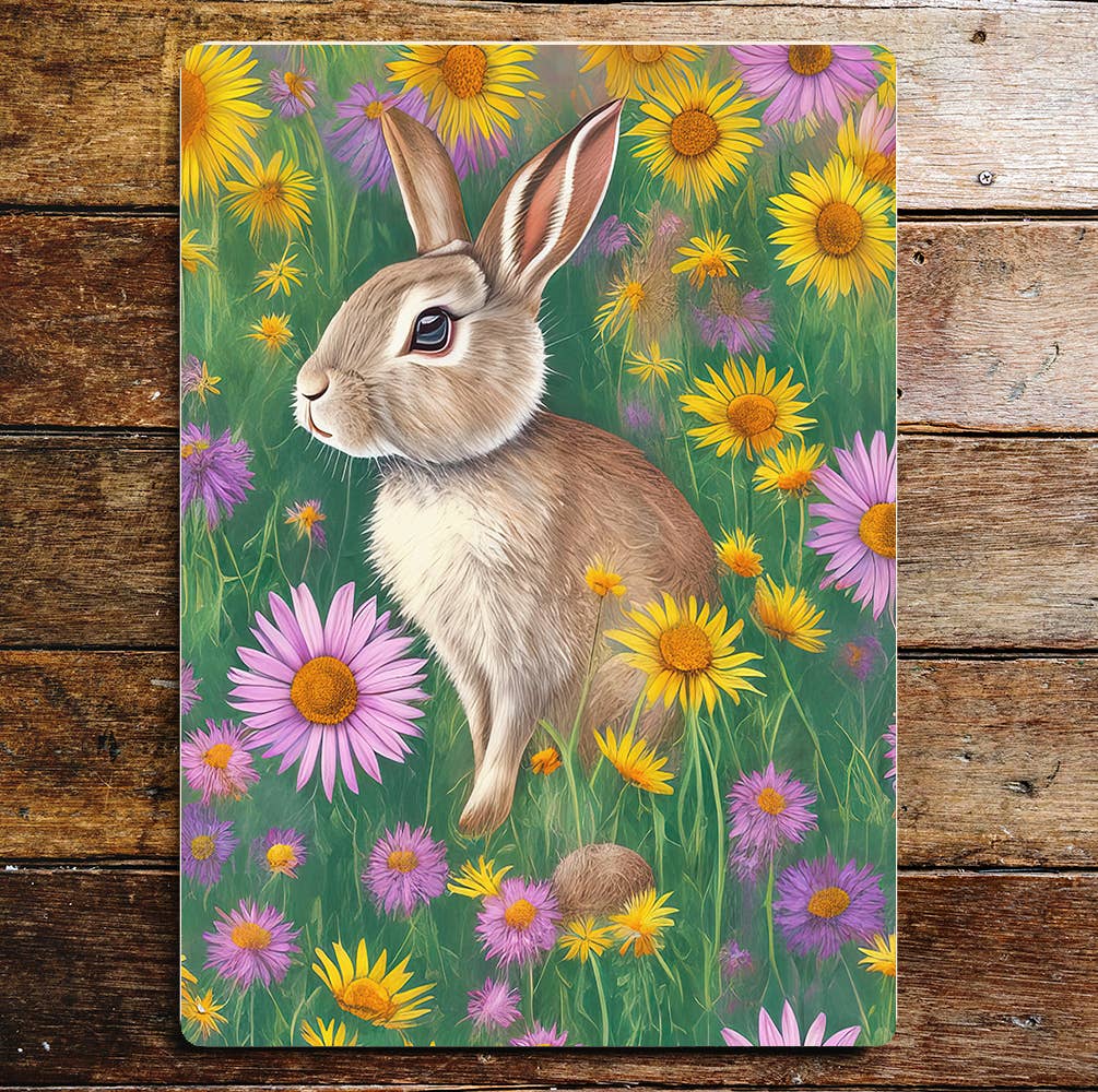 Rabbit yellow pink flowers meadow Easter Metal Sign