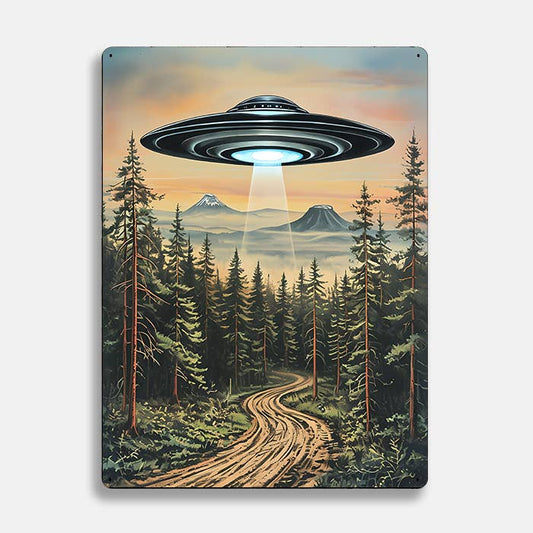 Surreal Flying Saucer Over Woods UFO Alien Metal Sign Plaque