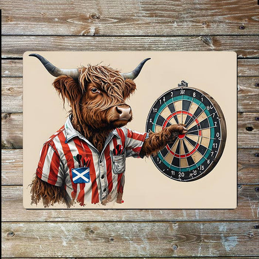 Highland Cow Aiming Dart Board Bullseye | Metal Sign Plaque