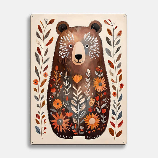 Bear Illustration Floral scandinavian folk | Metal Sign Plaque