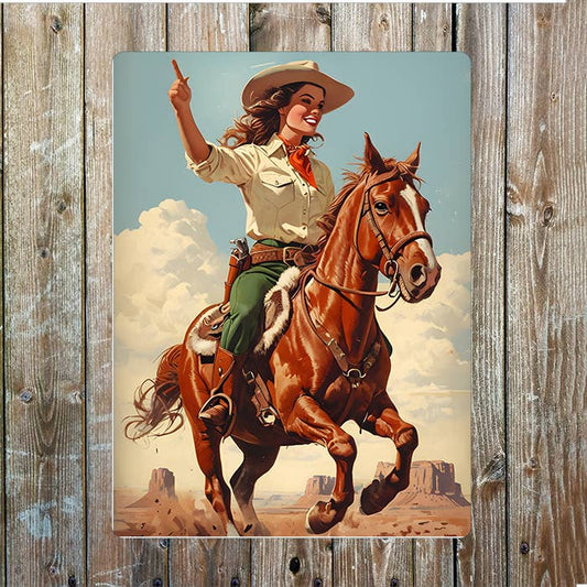 Cowgirl Riding Horse | Western | Metal Sign Plaque