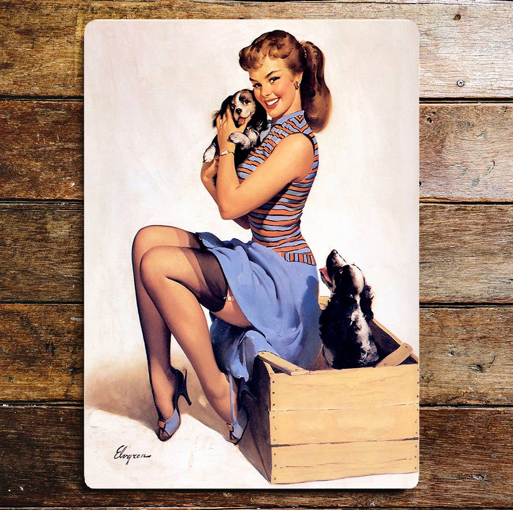 Pin Up Girl Purple Puppies Metal Wall Sign