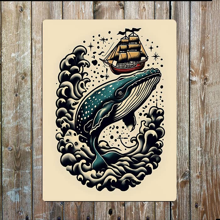 Tattoo Style Whale Ship Sea Nautical Metal Sign Plaque