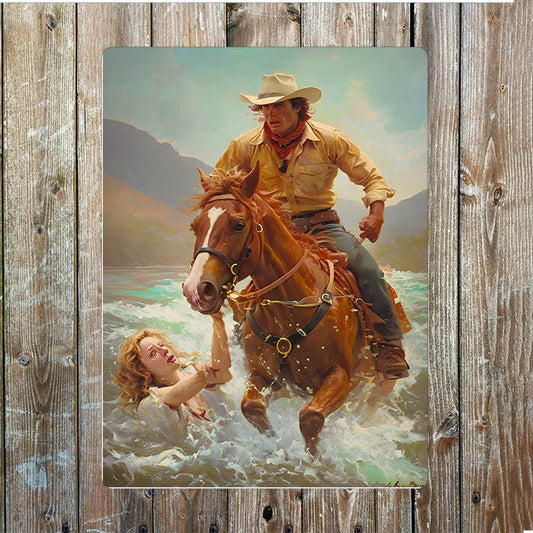 Heroic Cowboy Rescuing Woman Western | Metal Sign Plaque