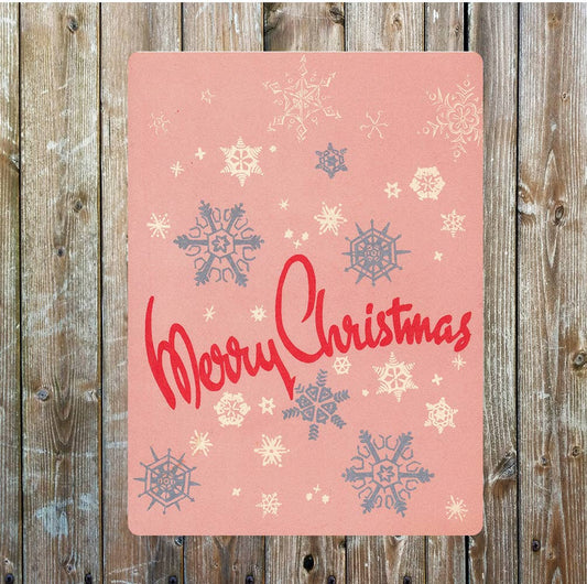 Pink Merry Christmas Snow Flakes Metal Sign Plaque