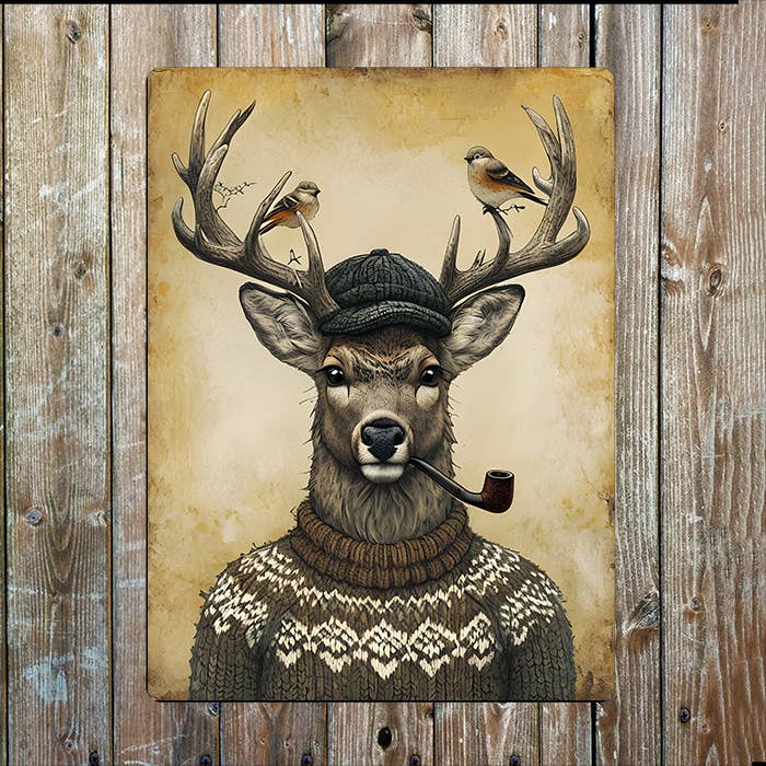 Deer Character Wearing Sweater Flat Cap | Metal Sign Plaque