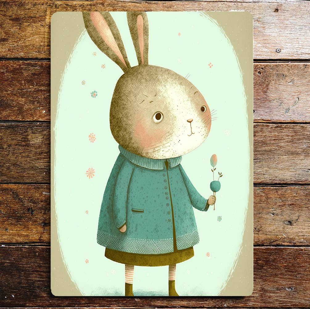 Cute Rabbit Girl Green Jacket | Metal Sign Plaque