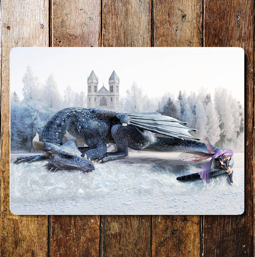 Sleeping Dragon Mystical Snow Metal Sign Plaque