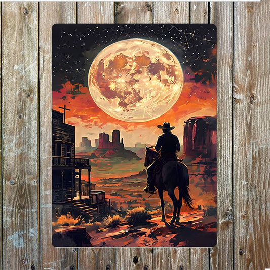 Dramatic Landscape Moon Cowboy Western | Metal Sign Plaque