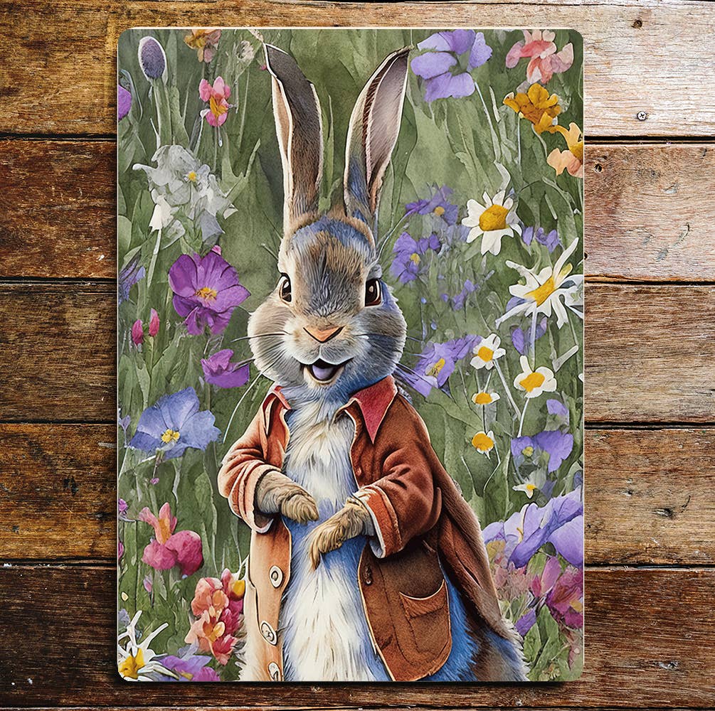 Rabbit In Jacket Flowers Metal Wall Sign
