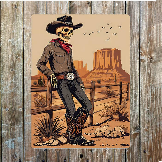 Skeletal Cowboy Fence Western Metal Sign Plaque