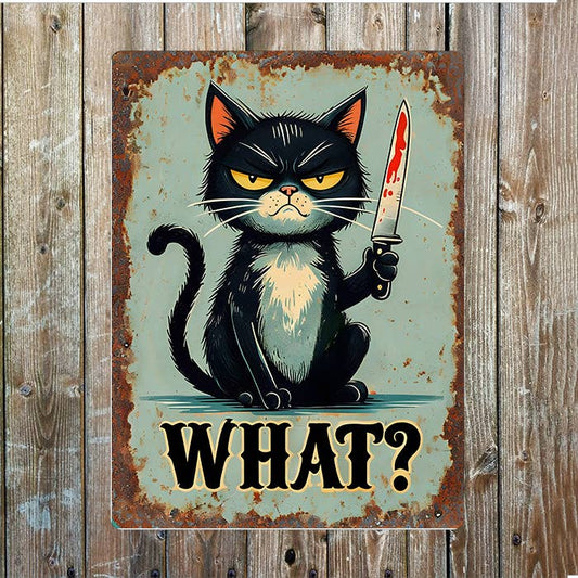 WHAT ? Illustration Cat Blood Knife | Metal Sign Plaque