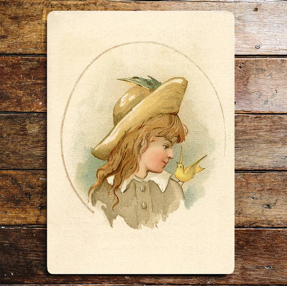 Vintage Girl Portrait Bird On Shoulder | Metal Sign Plaque
