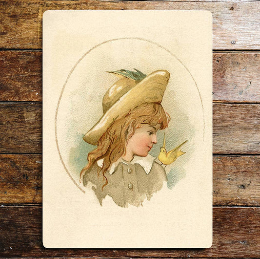 Vintage Girl Portrait Bird On Shoulder | Metal Sign Plaque