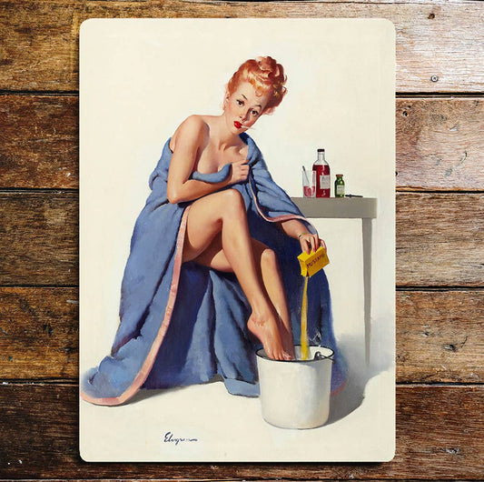 Pin Up Girl Bathe Feet Bucket Blanket Metal Wall Sign