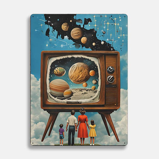 Surreal TV With Cosmic Scene Alien UFO Metal Sign Plaque