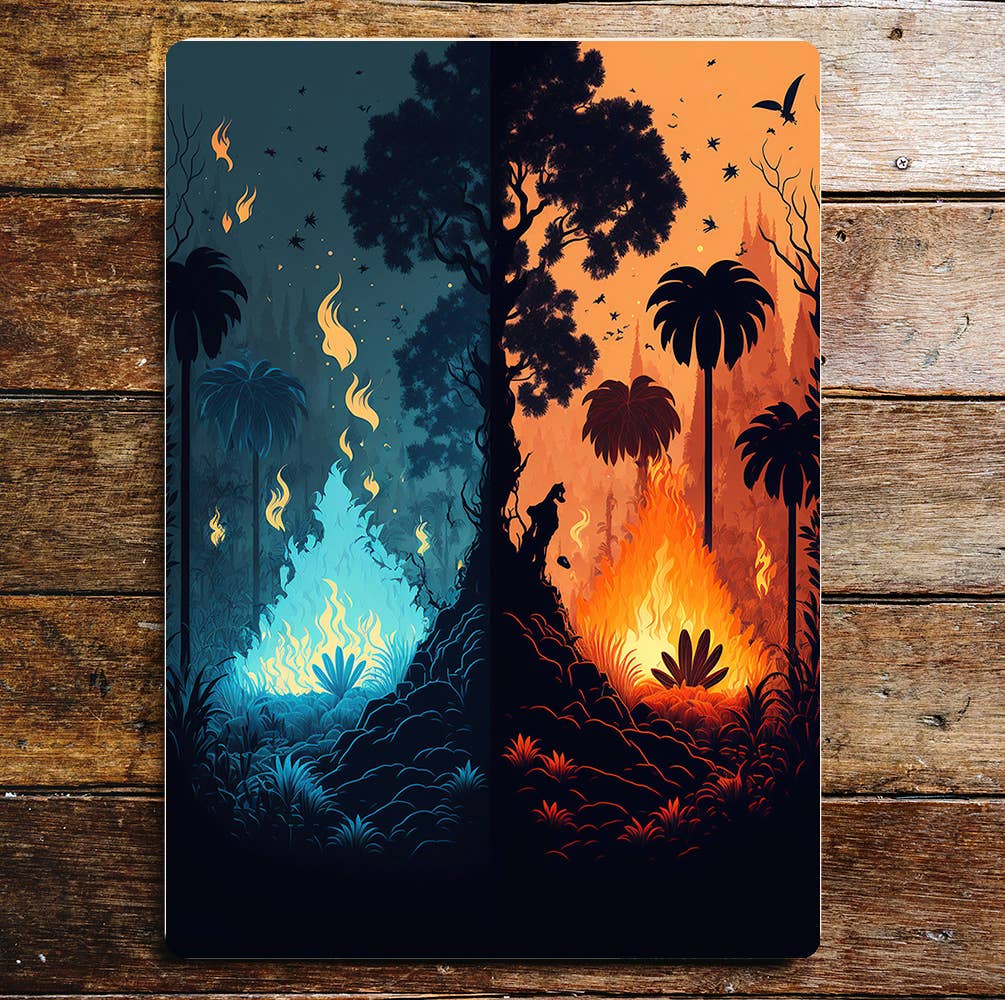 Forest fire mystical night day | Metal Sign plaque