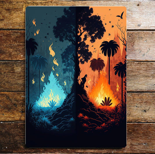 Forest fire mystical night day | Metal Sign plaque