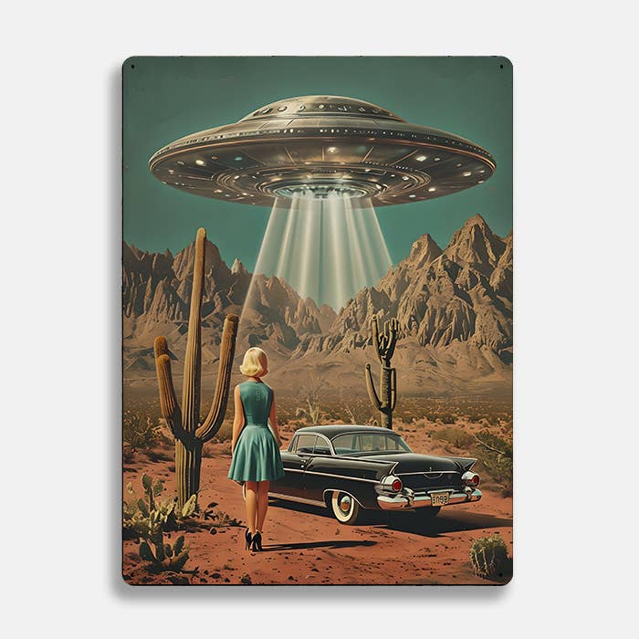 1950s Desert Scene With UFO Alien | Metal Sign Plaque