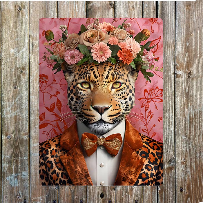 Leopard In Formal Wear Clothes Portrait | Metal Sign Plaque