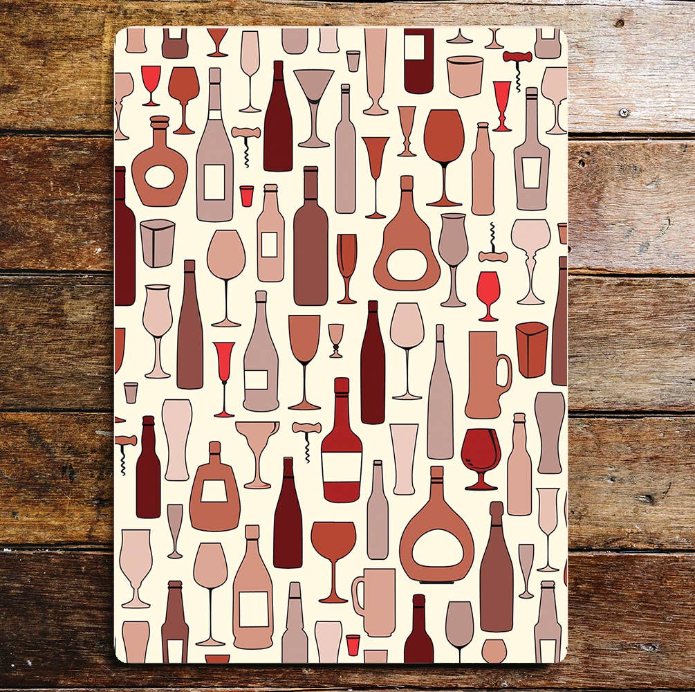 Bottles Pattern Wine Cork Screw Glasses | Metal Sign Plaque