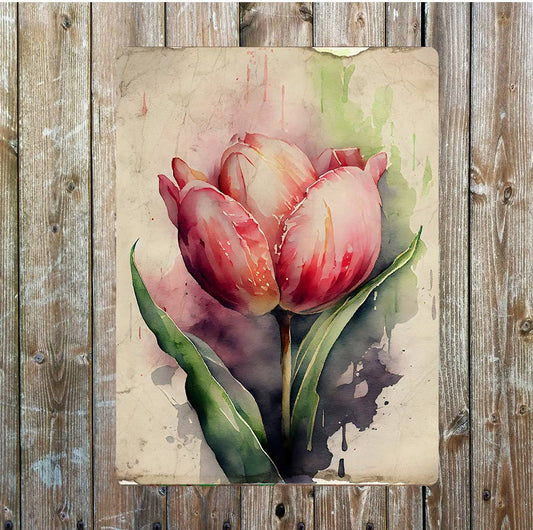 Pink Red Tulip Flower Portrait Metal Sign Plaque