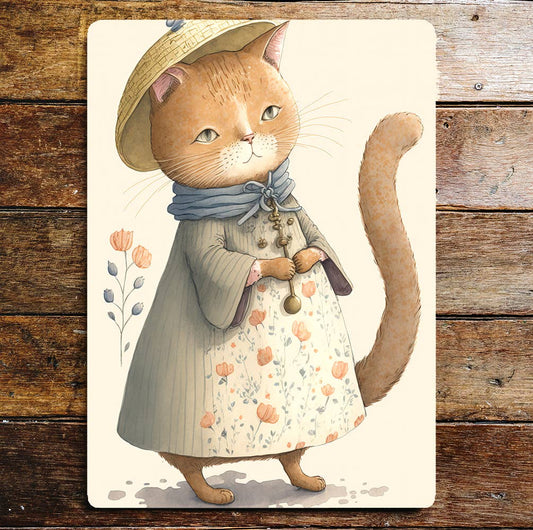 Cute Cat Girl Hat Floral Dress Flowers | Metal Sign Plaque