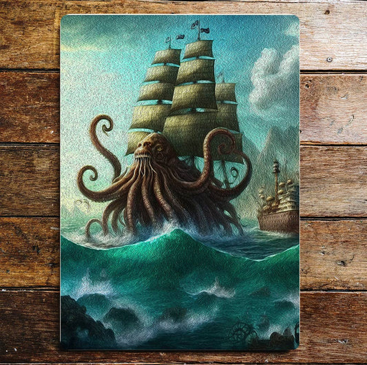 Giant kraken fantasy war pirate ship | Metal Sign Plaque