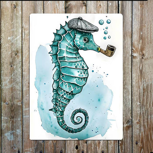 Watercolor Seahorse With Pipe Nautical | Metal Sign Plaque